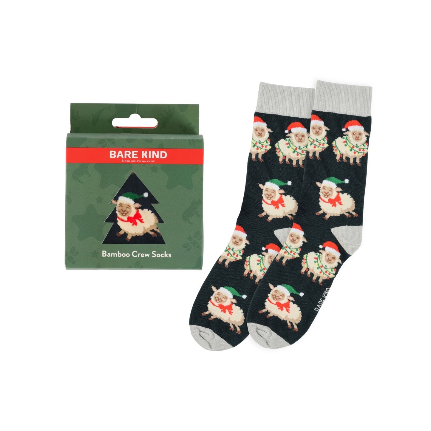 Bare Kind bamboo crew socks with sheep pattern and packaging on a white background