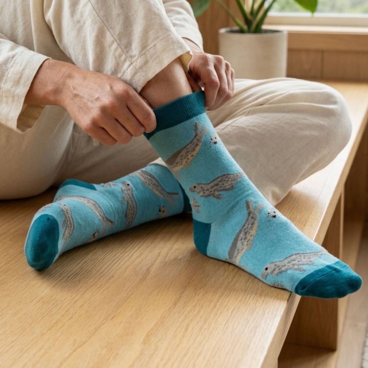 Model wearing blue seal socks
