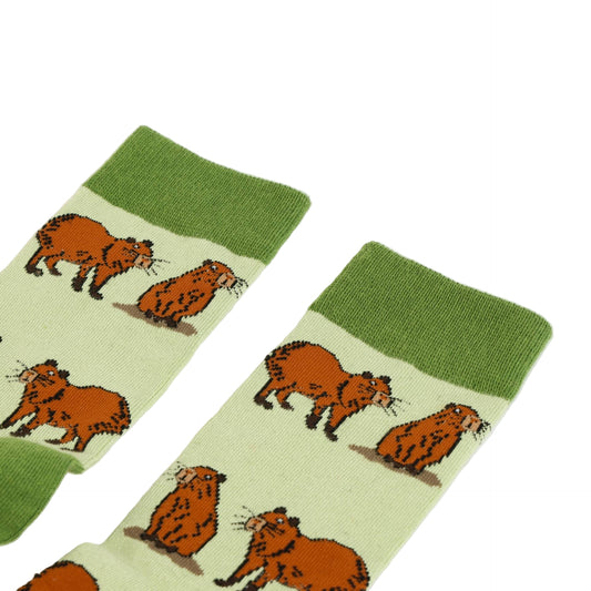 Pair of green capybara bamboo socks on a white background