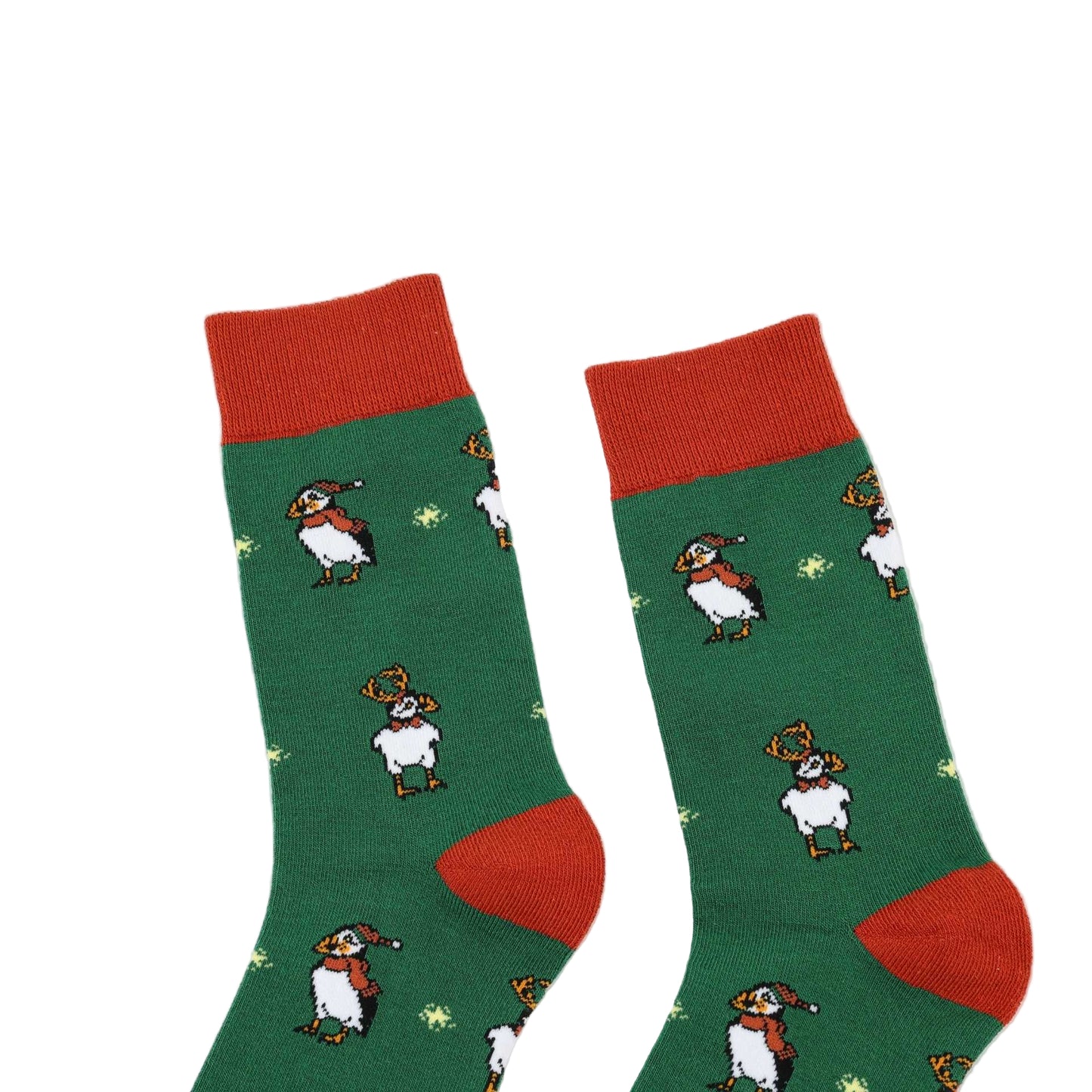 Green socks with red cuffs and toes featuring christmas puffins on a white background