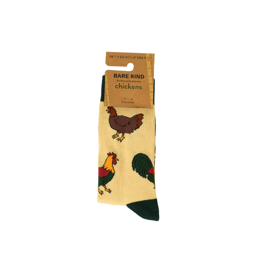 Packaged sock with chicken design and 'Bare Kind' label on a white background
