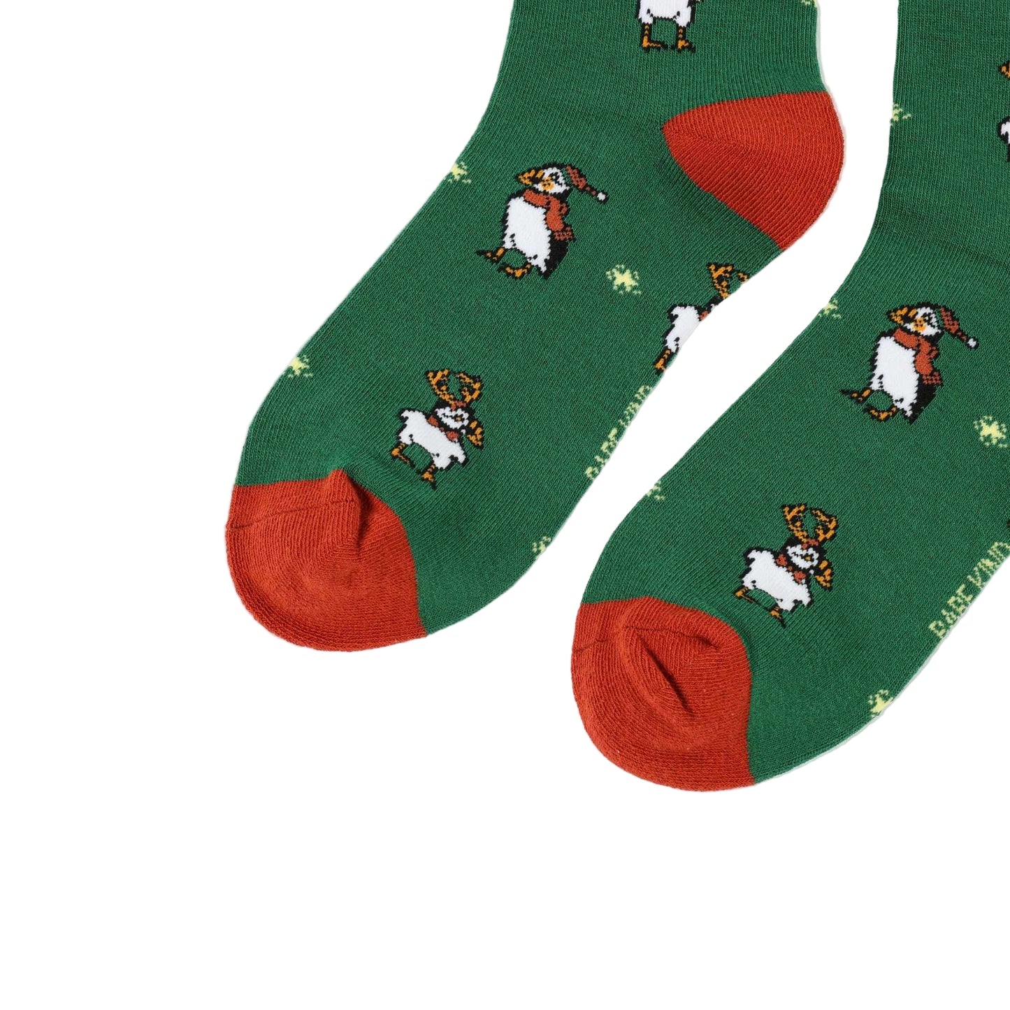 Green christmas puffin bamboo socks on a white background.