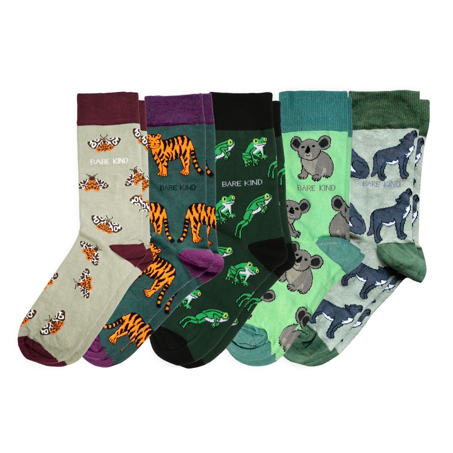 flat lays of green Tiger, Tiger Moth, Koala, Tree Frog & Wolf bamboo socks