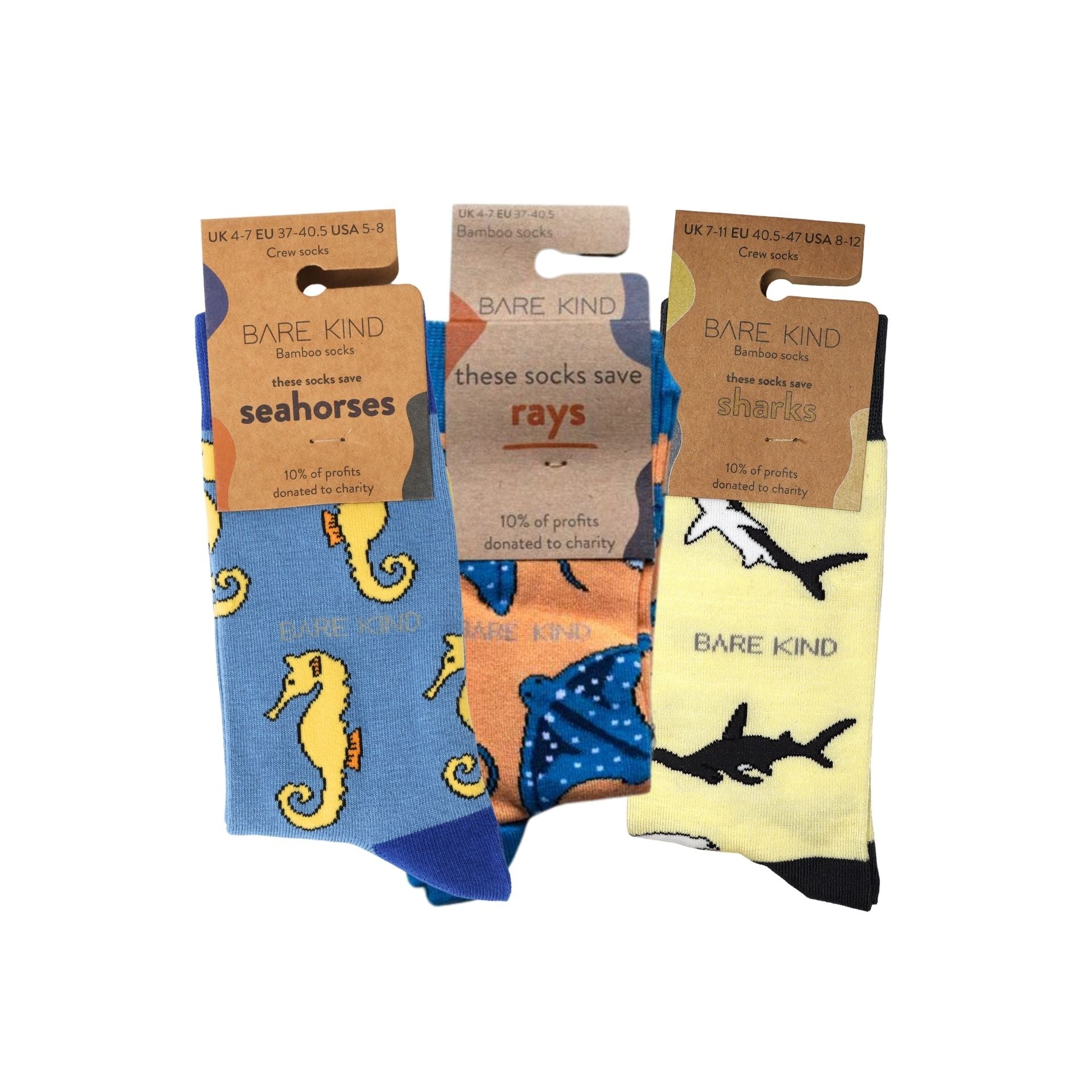 Three pairs of Bare Kind socks with animal patterns and packaging on a white background
