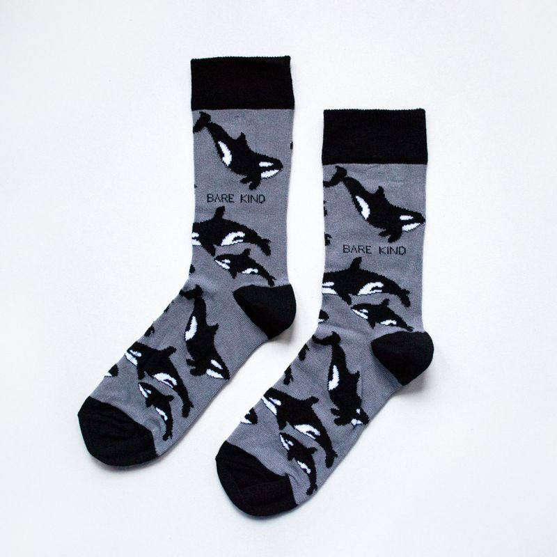 flat lay of black and grey bamboo orca socks