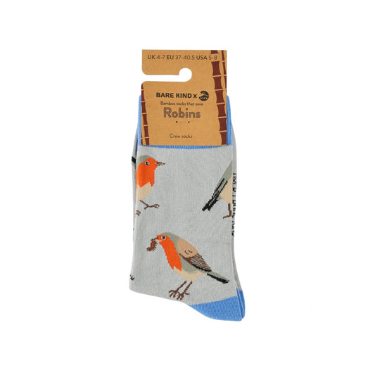 A pair of Bare Kind x Robins crew socks featuring a robin bird pattern, shown in their original cardboard packaging against a white background.