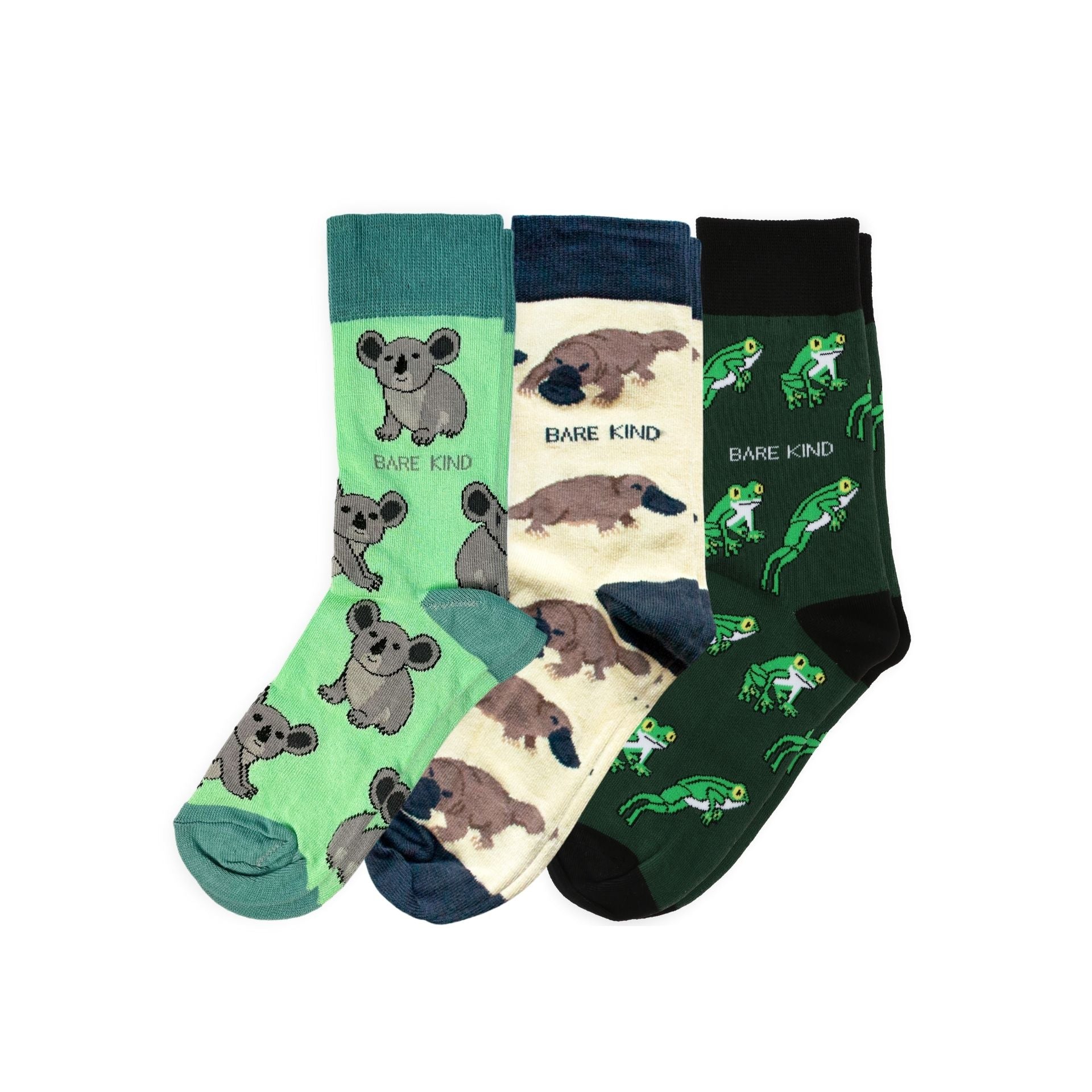 Three pairs of socks with animal patterns on a white background