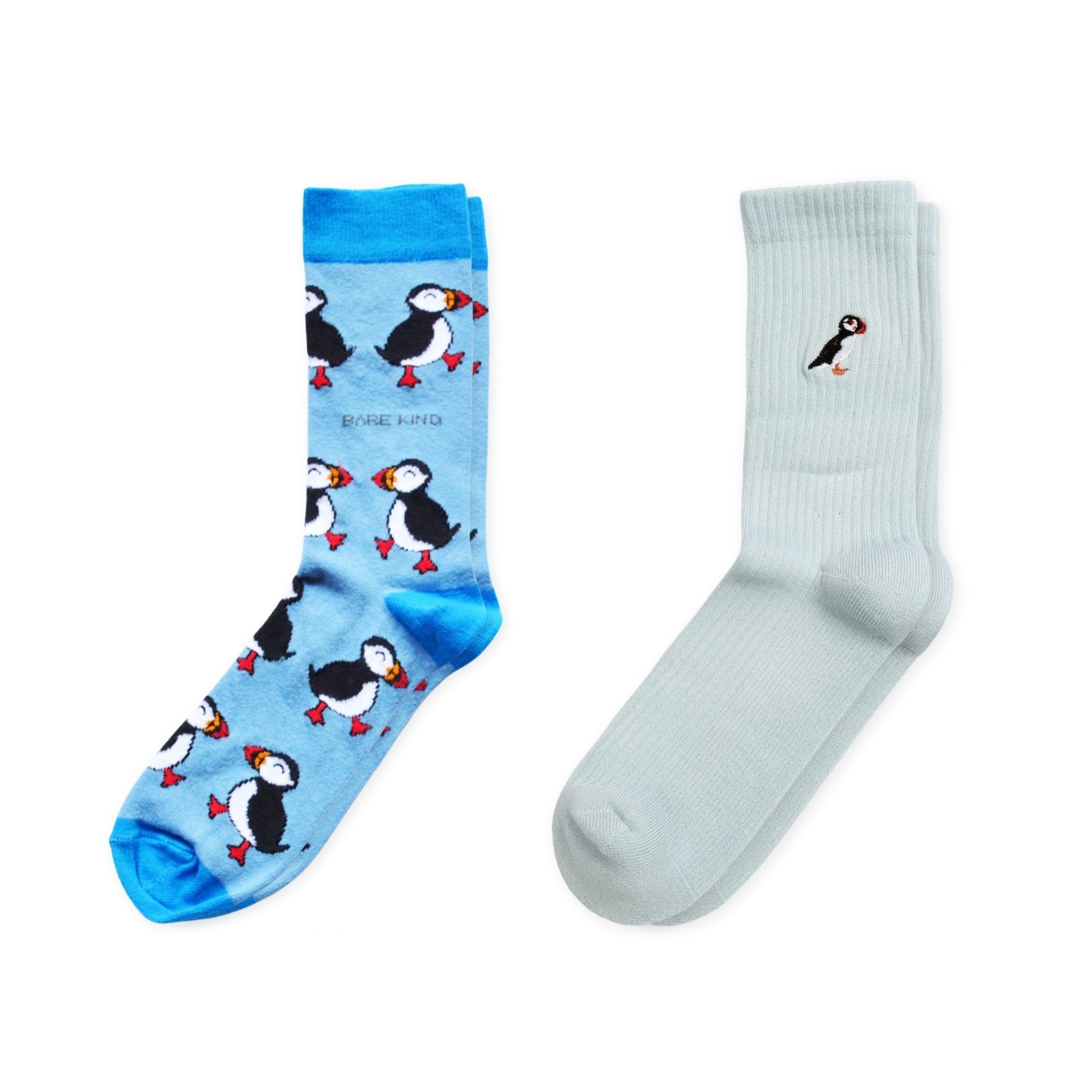 flat lays of Blue Puffin & Blue Ribbed Puffin bamboo socks