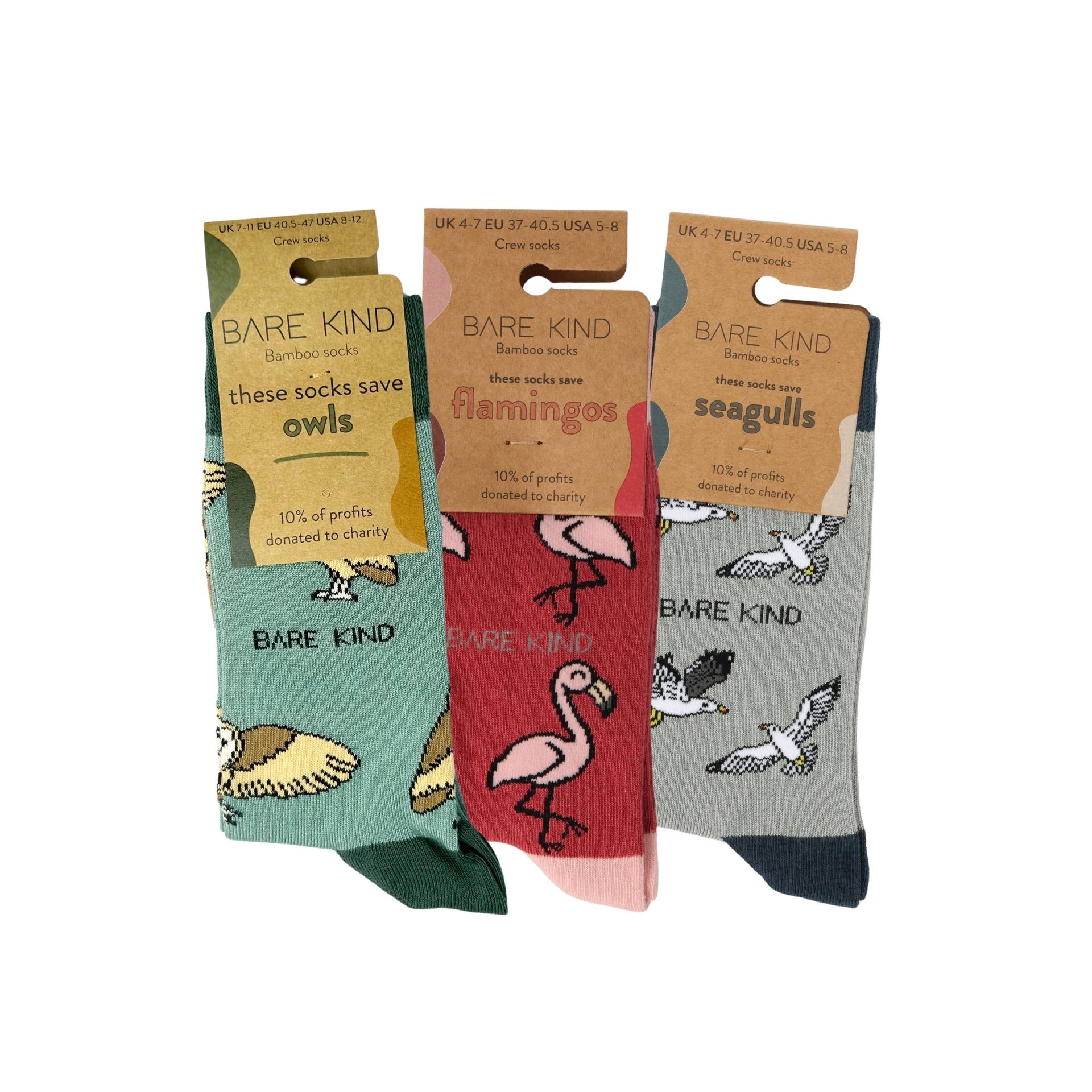Barn owl, flamingo and seagull bamboo socks