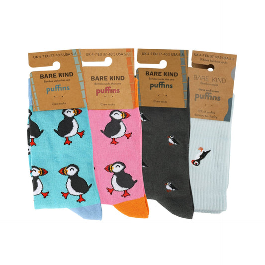 flat lays of Blue Puffin, Pink Puffin, Small Motif Puffin, Blue Ribbed Puffin bamboo socks
