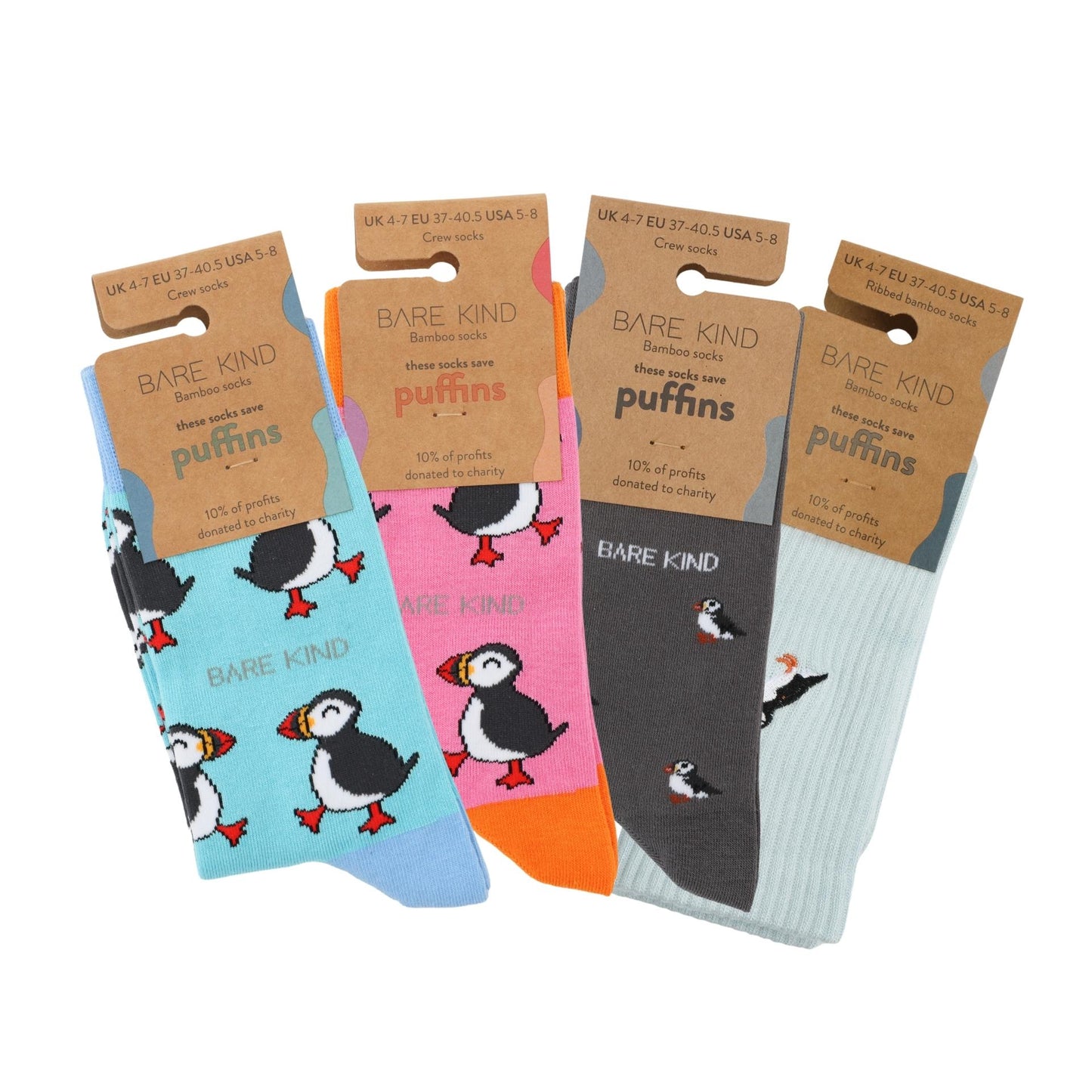 flat lays of Blue Puffin, Pink Puffin, Small Motif Puffin, Blue Ribbed Puffin bamboo socks