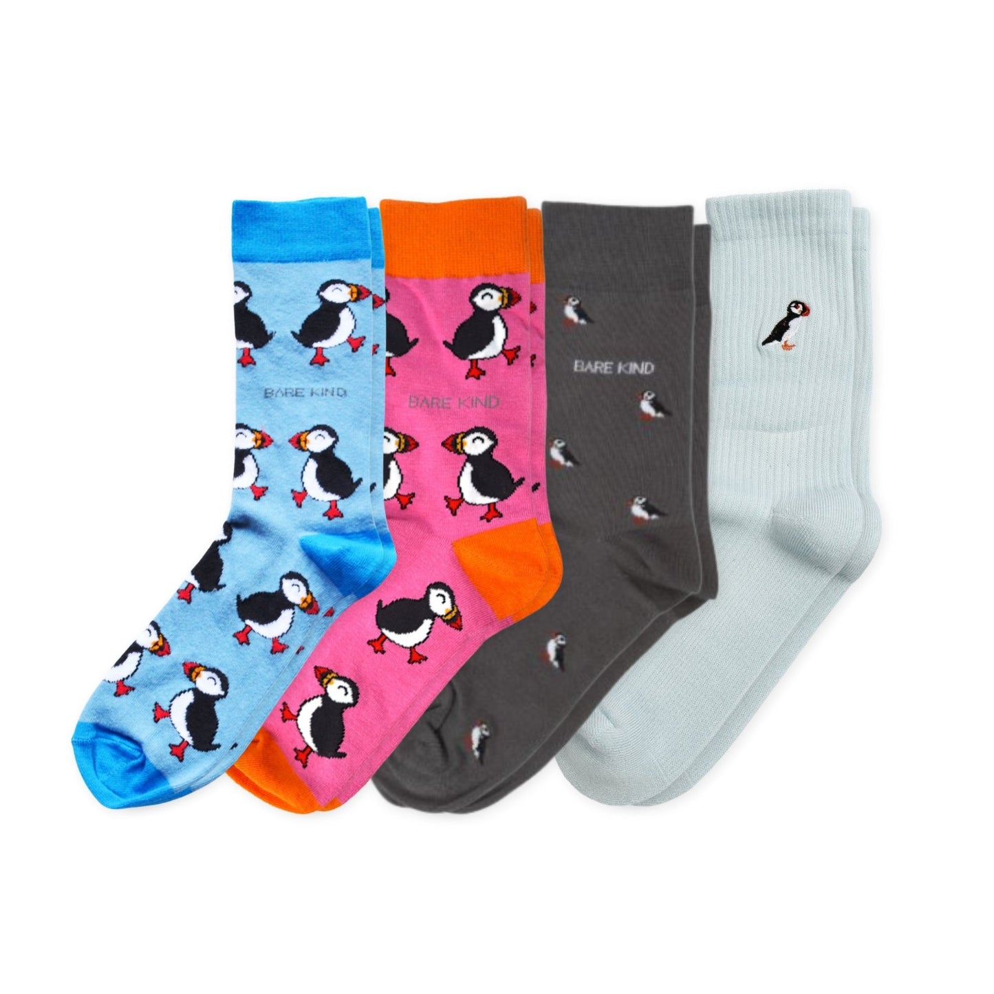flat lays of Blue Puffin, Pink Puffin, Small Motif Puffin, Blue Ribbed Puffin bamboo socks