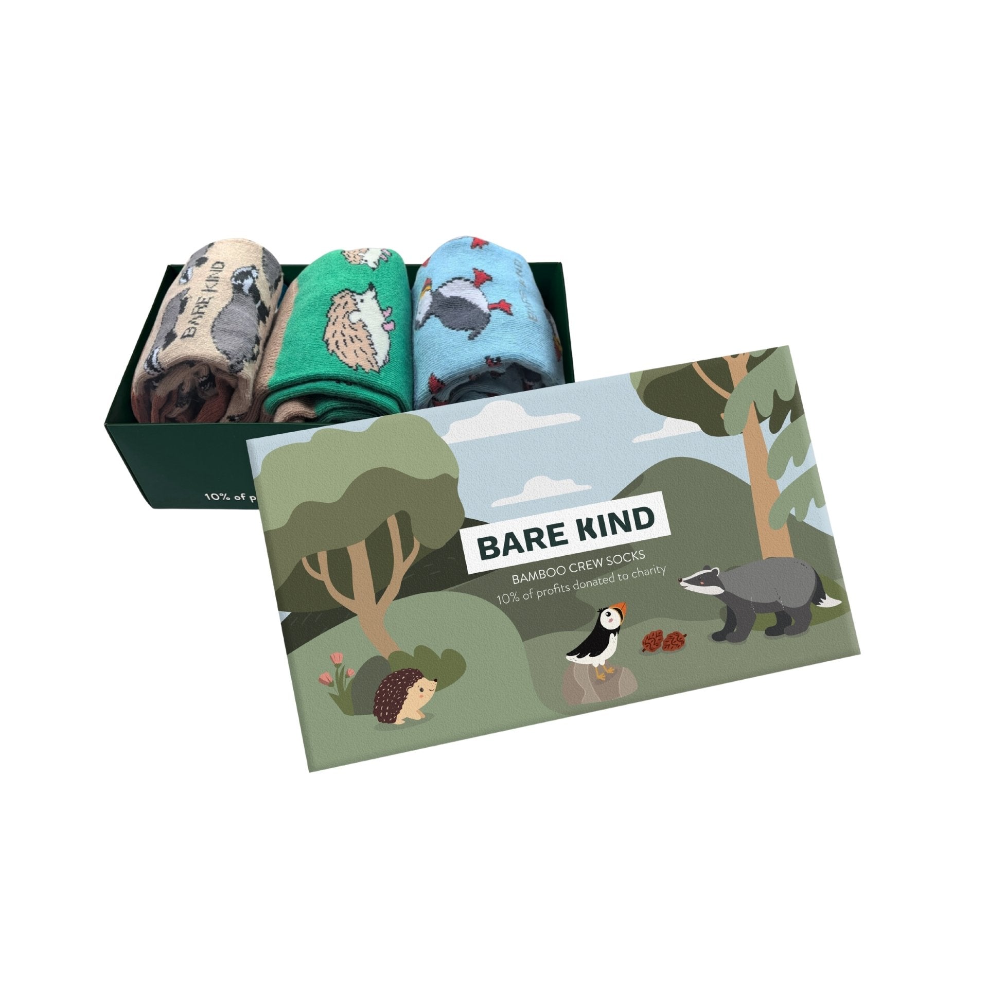 Set of bamboo crew socks with animal patterns in a box, featuring the brand 'Bare Kind'.