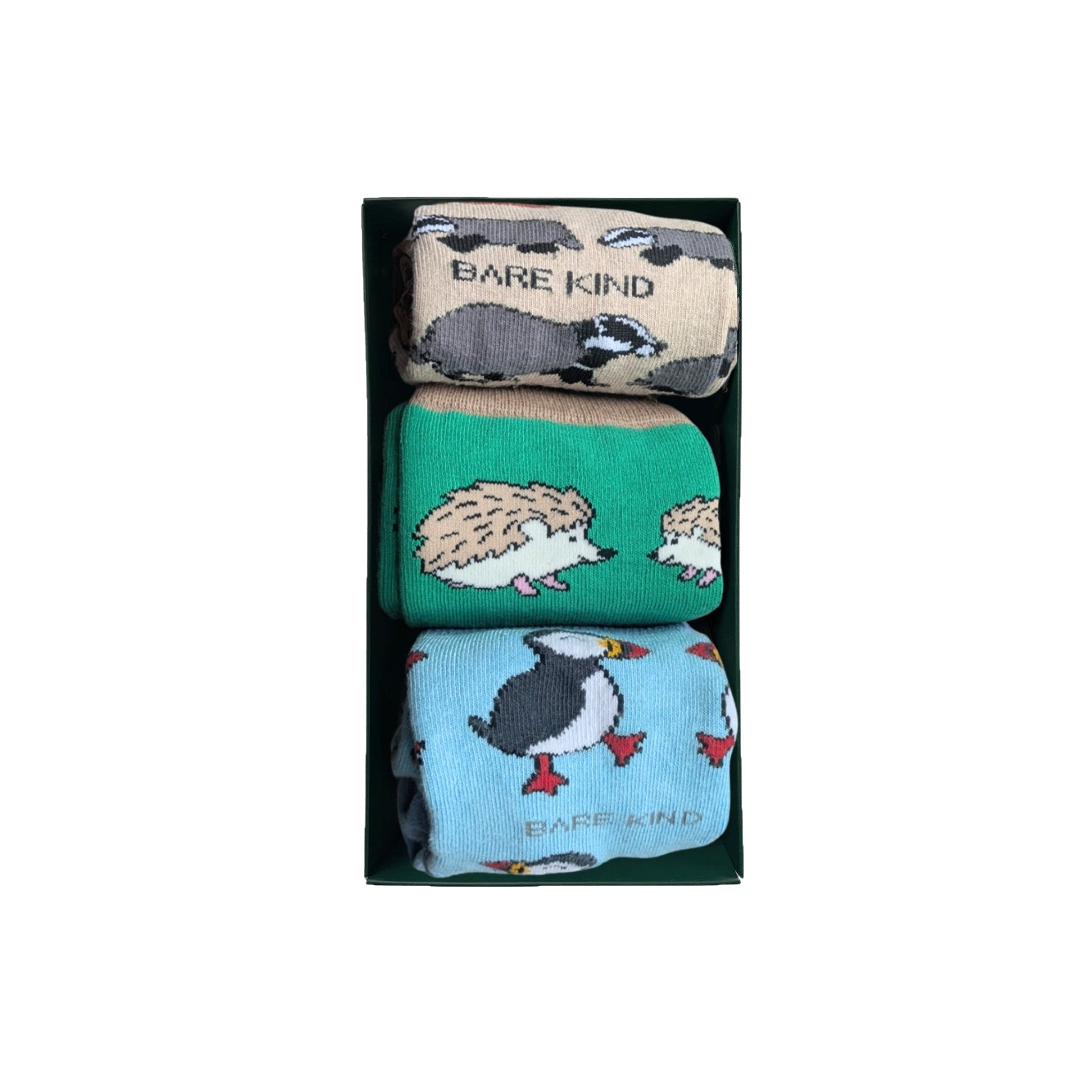 Set of three animal-themed socks in a black box packaging with 'Bare Kind' branding.