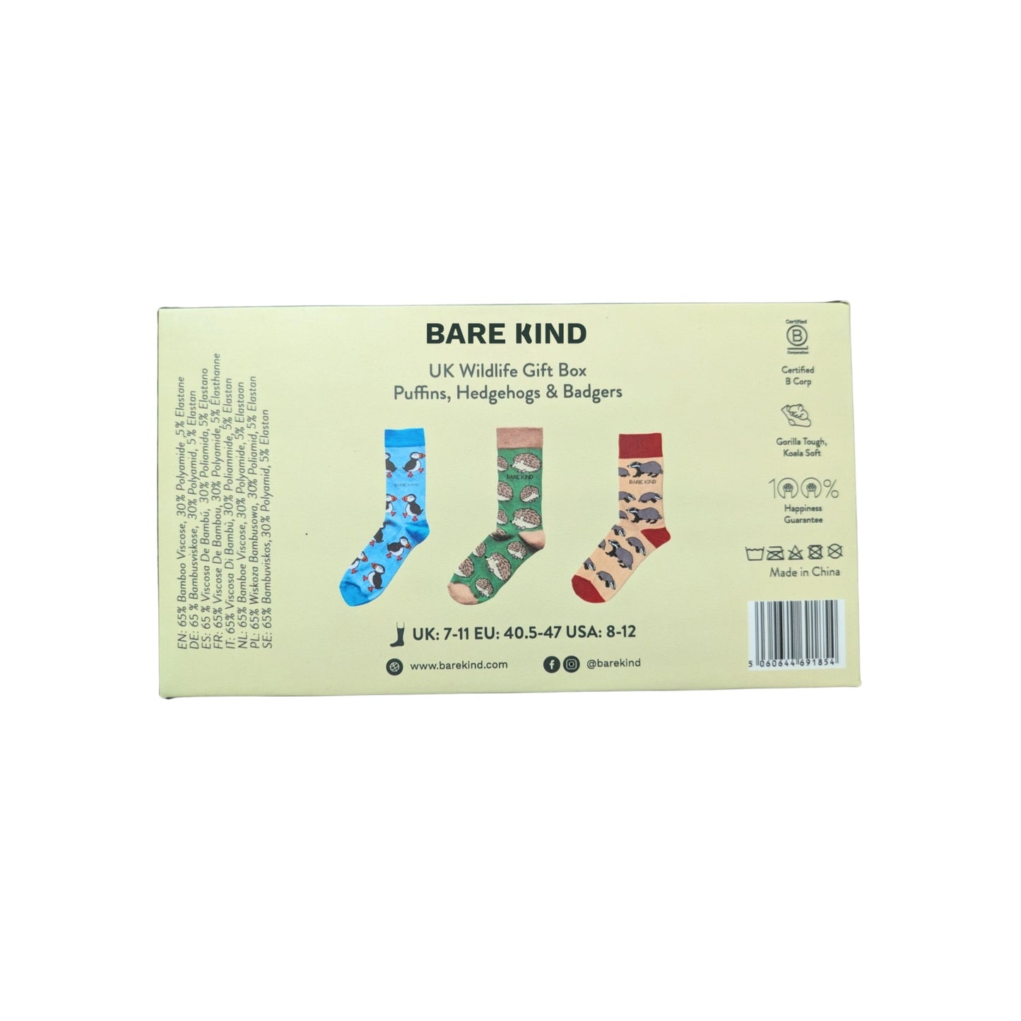 Box of Bare Kind socks with illustrations of puffins, hedgehogs, and badgers.