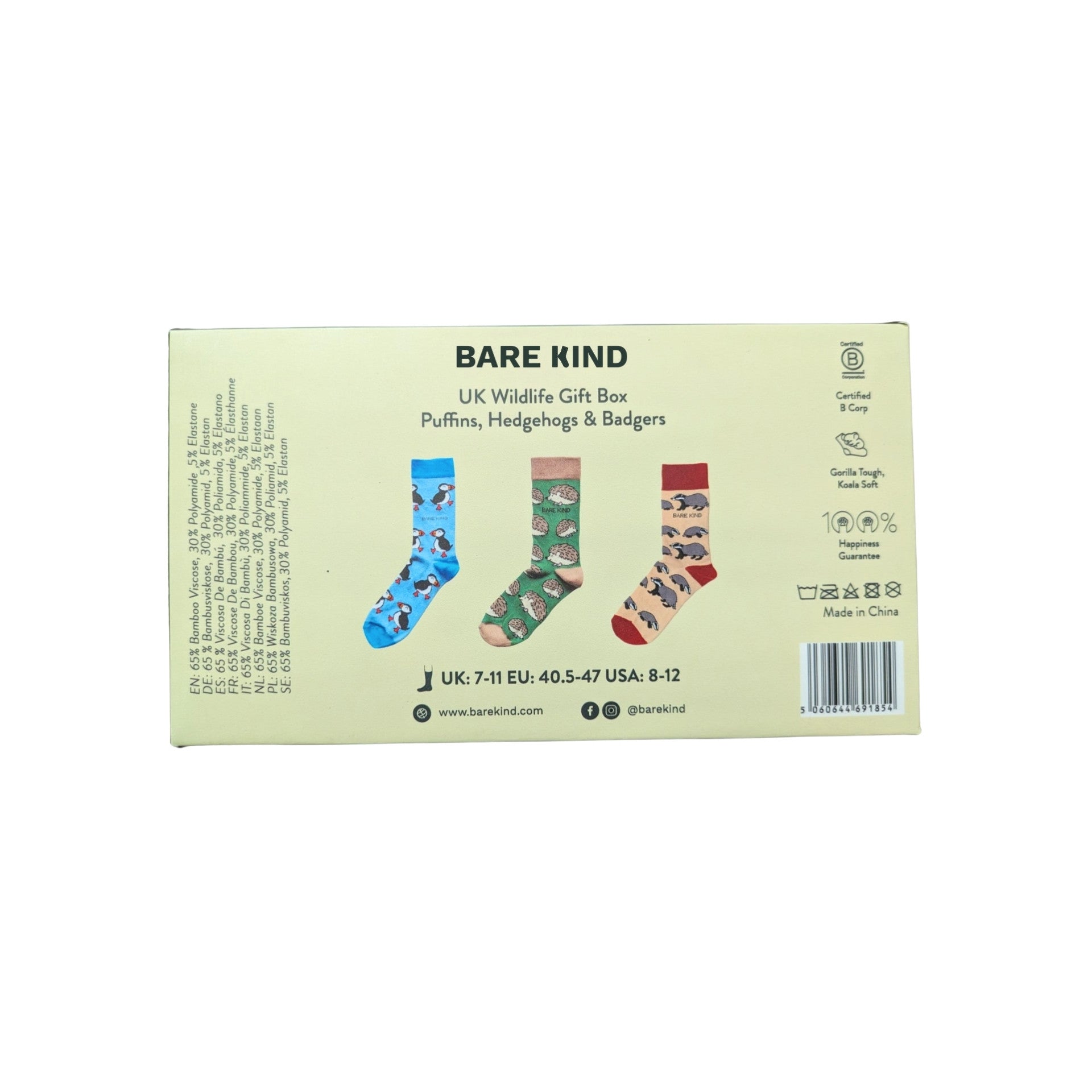 Box of Bare Kind socks with illustrations of puffins, hedgehogs, and badgers.
