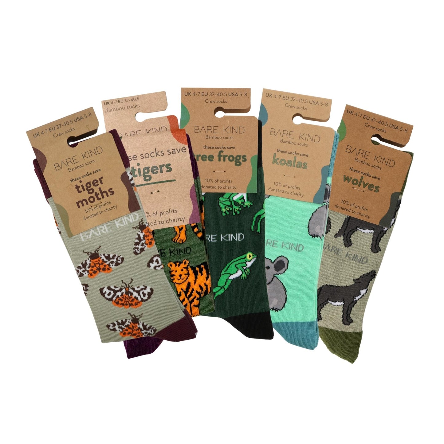 packaging flat lays of green Tiger, Tiger Moth, Koala, Tree Frog & Wolf