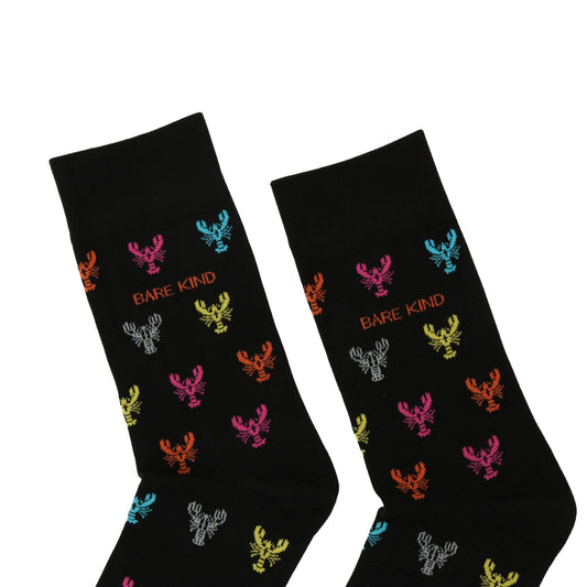 Black socks with colorful lobster designs and 'Bare Kind' text on a white background