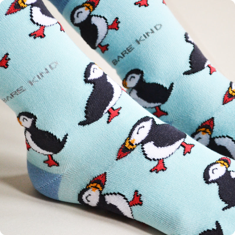 close up to blue puffin bamboo socks