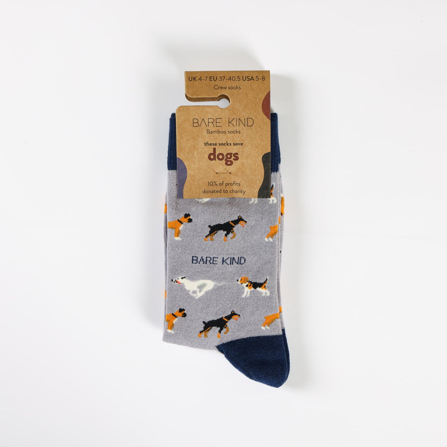 packaging flat lay of purple dog bamboo socks