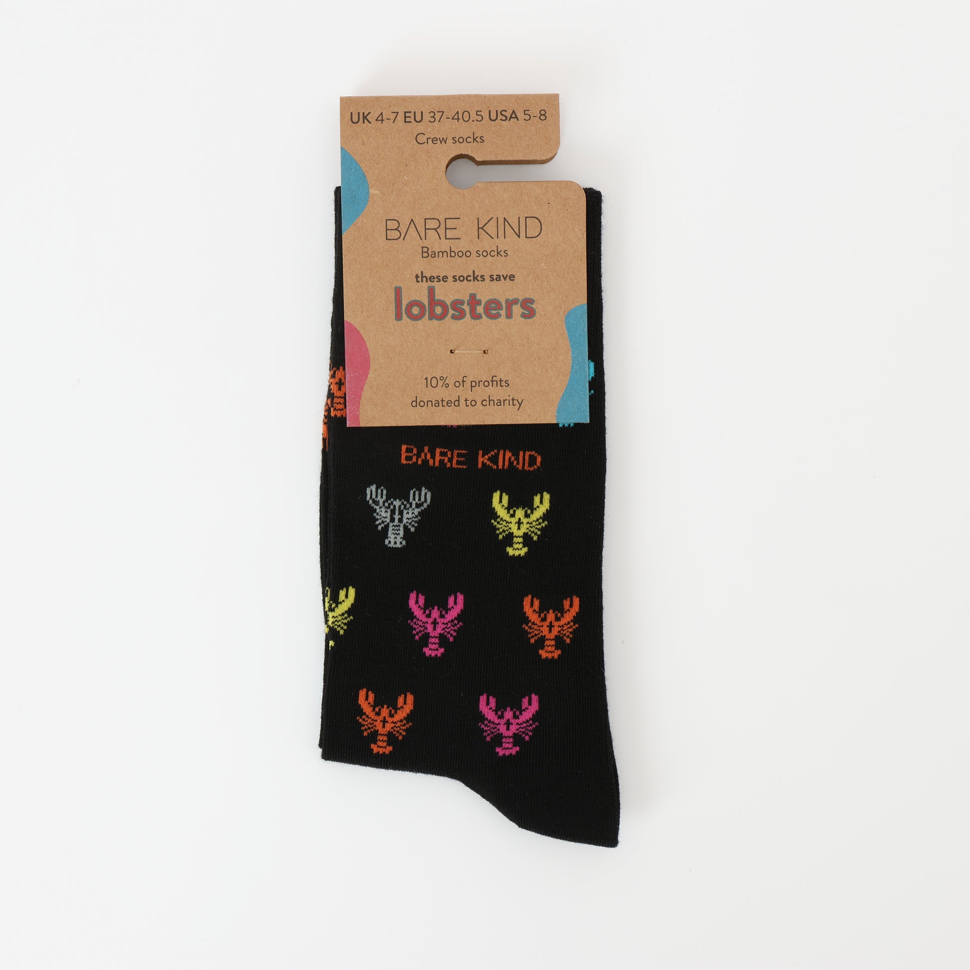 Flat lay of Bare Kind bamboo socks packaging, featuring small motifs of lobsters