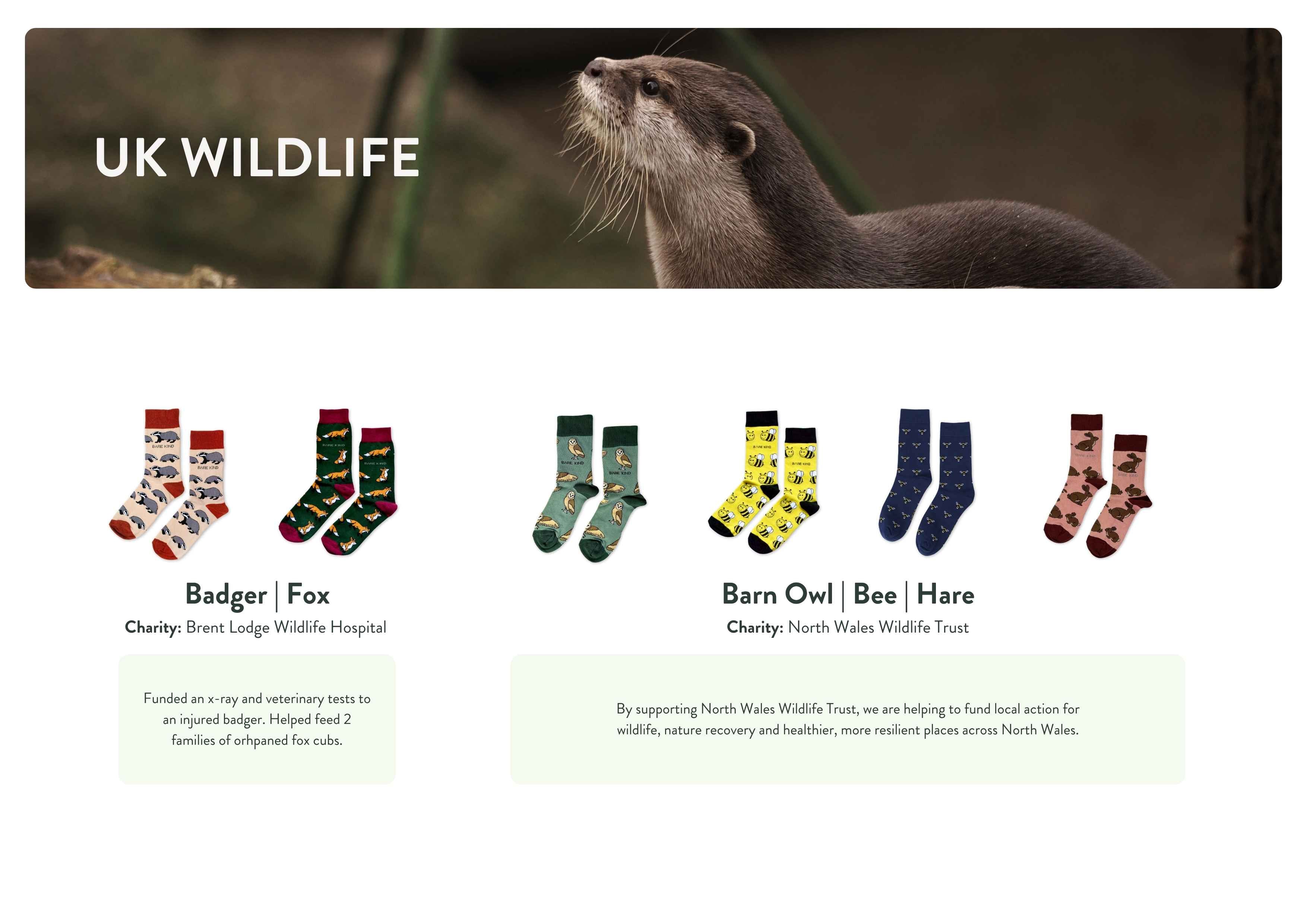 Socks with animal designs and text about UK wildlife and charities on a white background.