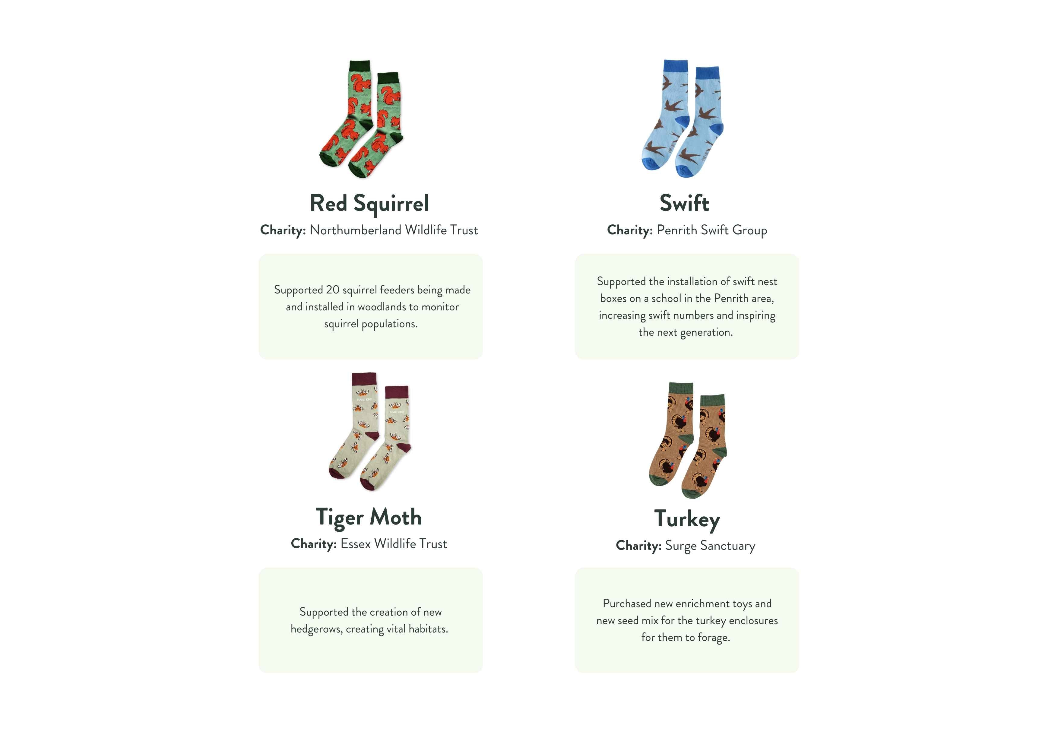 Four pairs of socks with different designs and text on a white background
