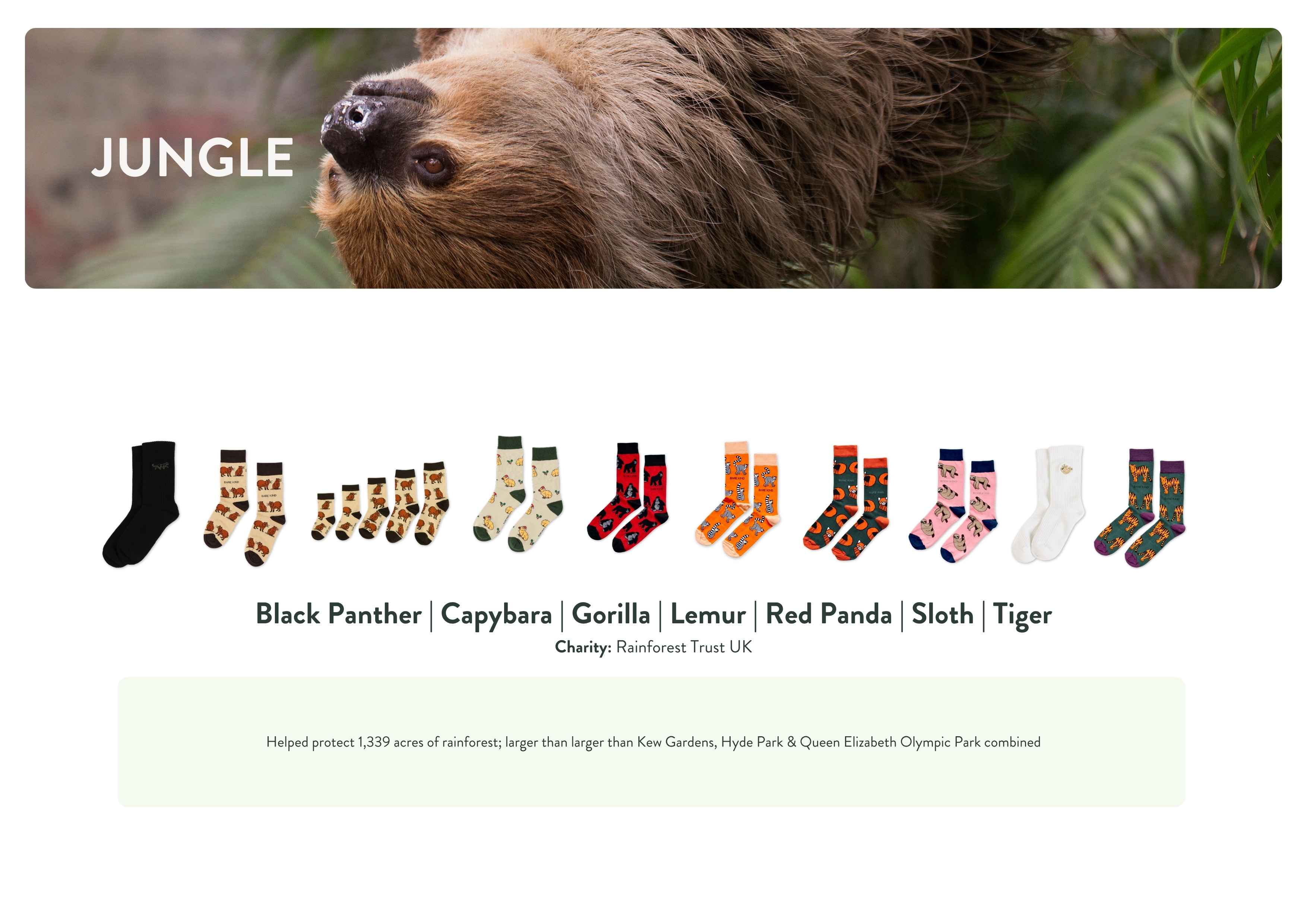 Sloth hanging from a branch with a row of colorful socks below labeled with animal names.