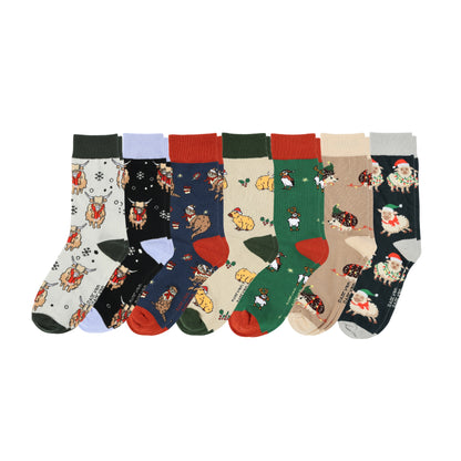 Set of colorful socks with various patterns on a white background