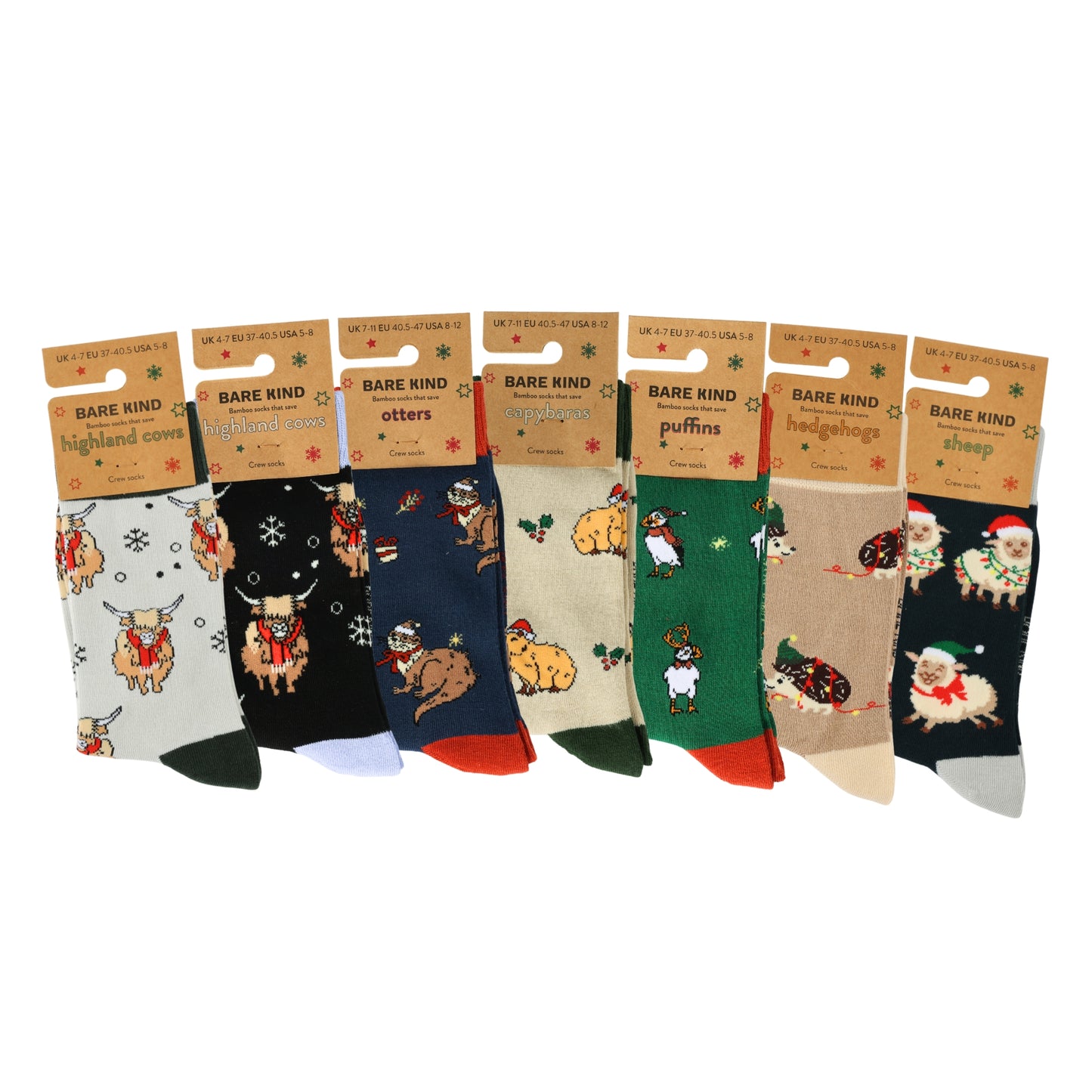 Set of colorful socks with animal illustrations and 'Bare Kind' packaging on a white background