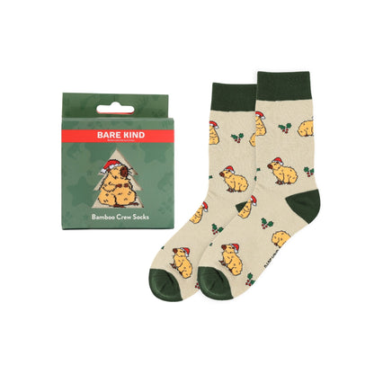 Bare Kind bamboo crew socks with capybaras pattern and packaging on a white background
