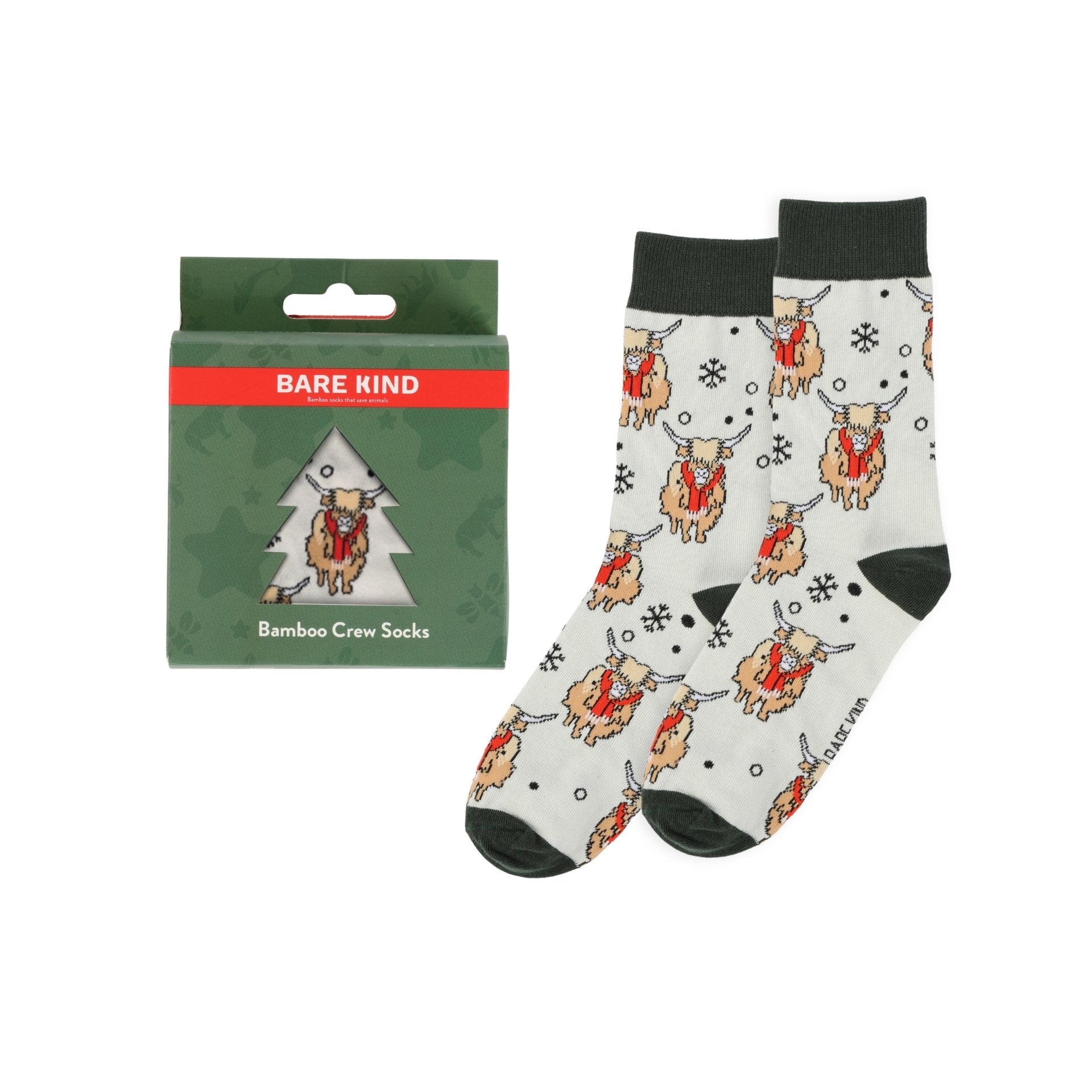 Bare Kind bamboo crew socks with highland cow pattern and packaging on a white background