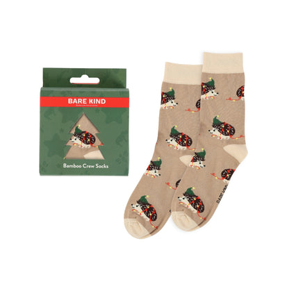 Bare Kind bamboo crew socks with hedgehog pattern and packaging on a white background