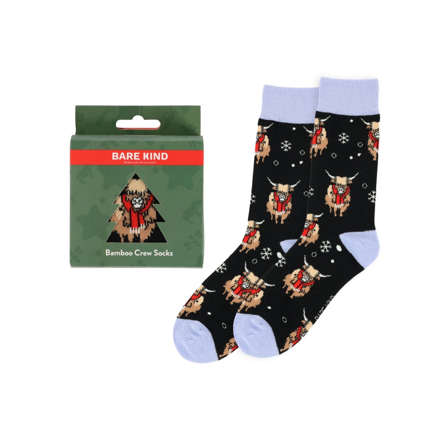 Bare Kind bamboo crew socks with highland cow pattern and packaging on a white background