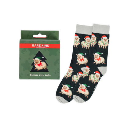 Bare Kind bamboo crew socks with sheep pattern and packaging on a white background