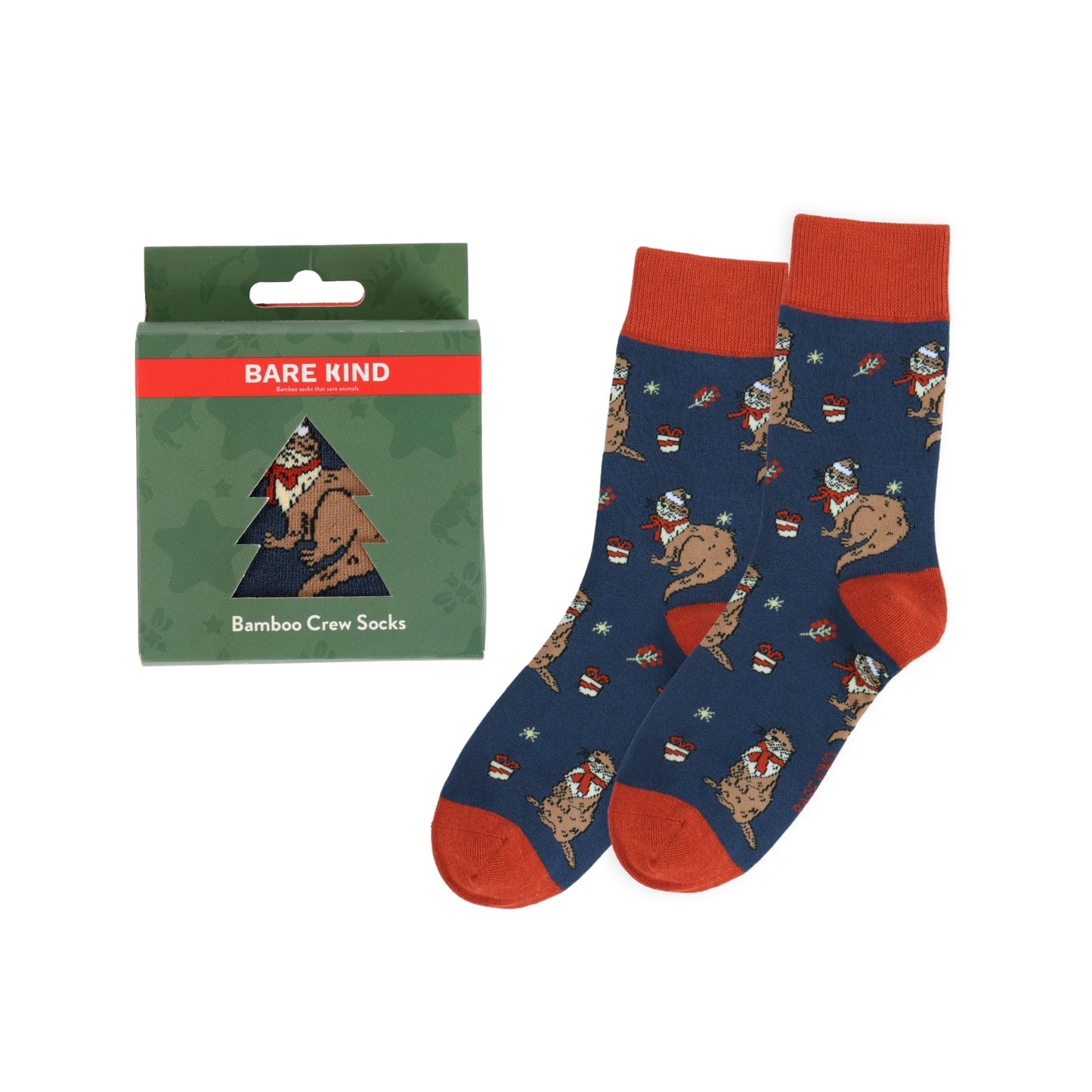 Bare Kind bamboo crew socks with otter pattern and packaging on a white background