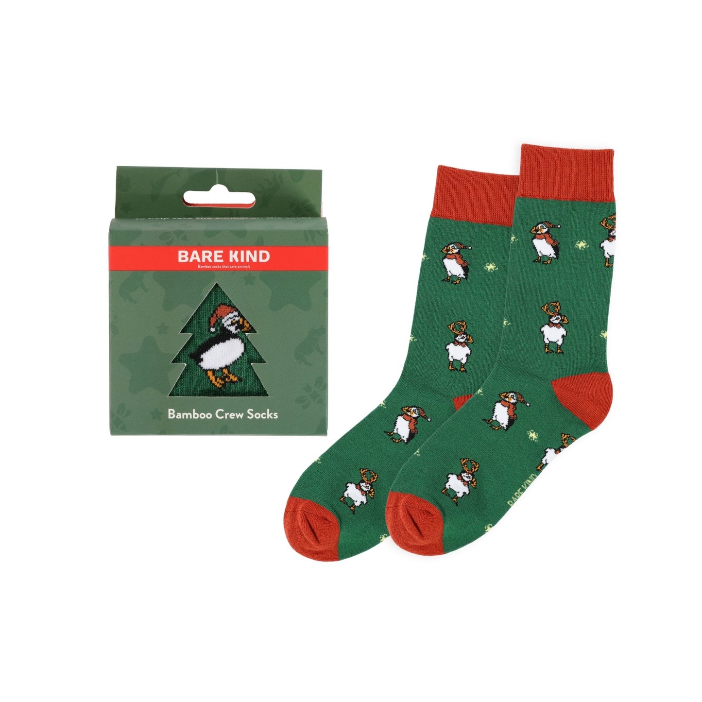 Bare Kind bamboo crew socks with puffins pattern and packaging on a white background