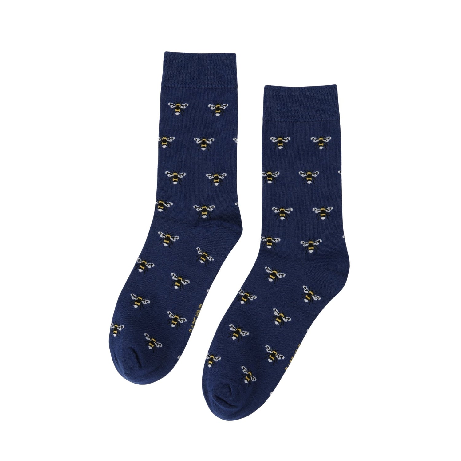Navy blue socks with bee pattern on a white background