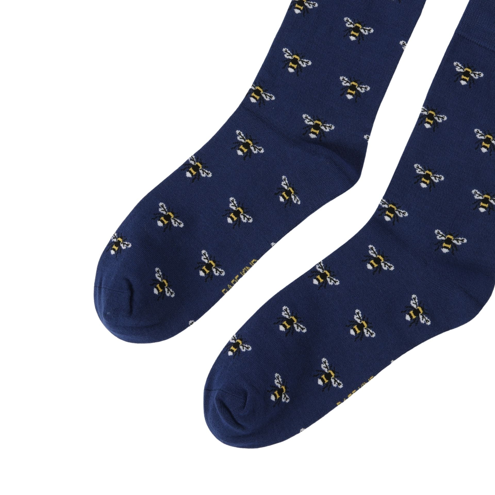 Navy blue socks with bee pattern on a white background
