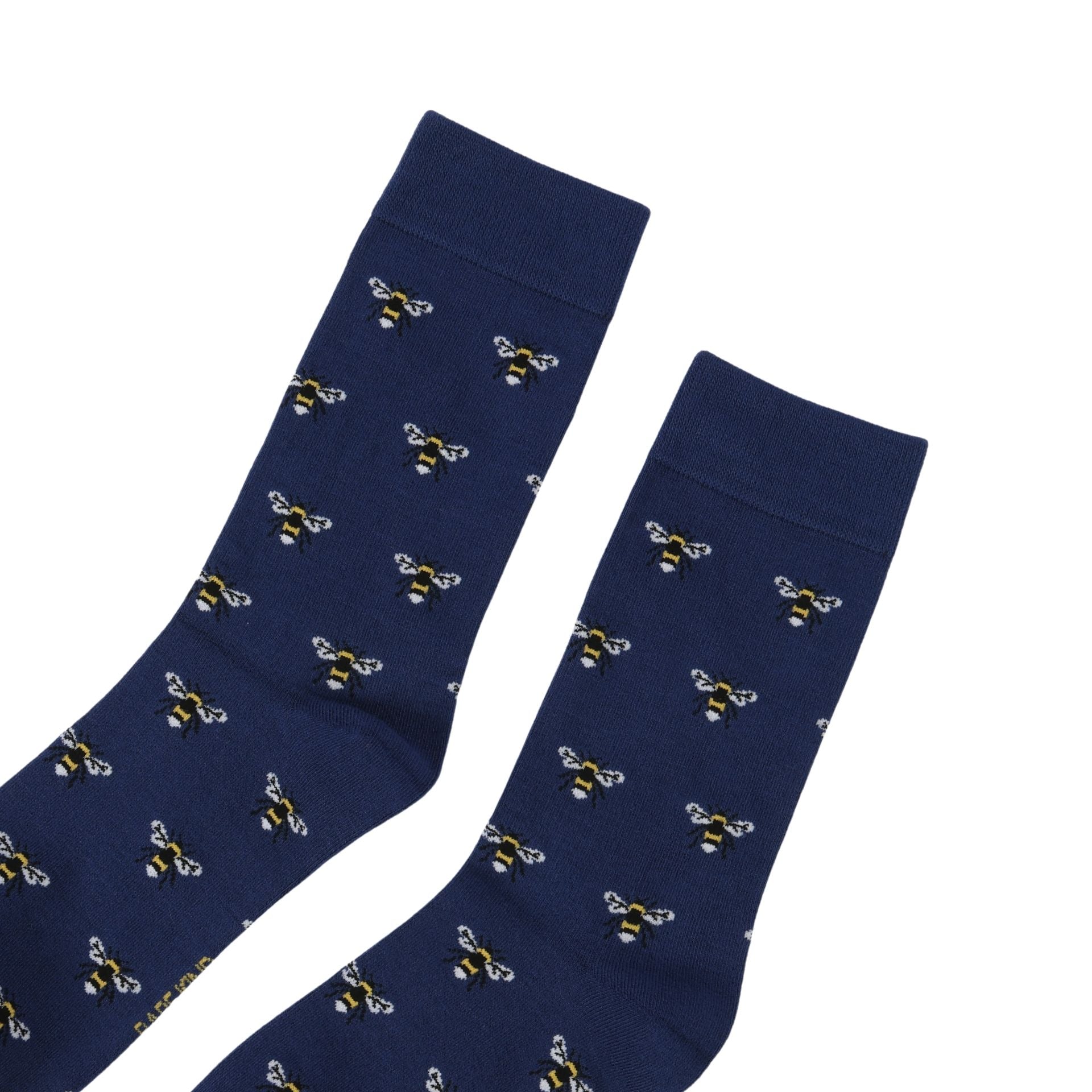Navy blue socks with bee pattern on a white background