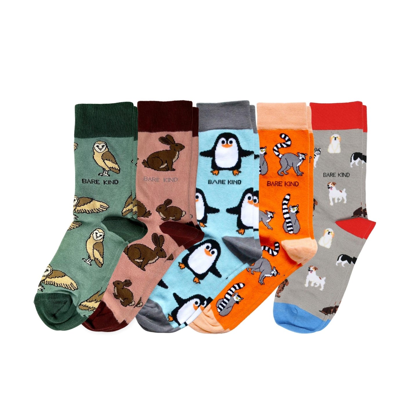 Set of colorful socks with animal patterns on a white background