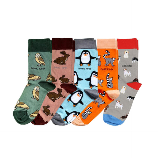 Set of colorful socks with animal patterns on a white background