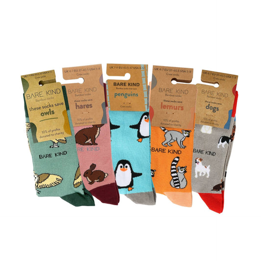 Set of Bare Kind socks with animal illustrations and 'Bare Kind' branding.