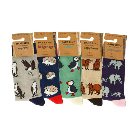 Five pairs of animal-themed socks in their packaging on a white background