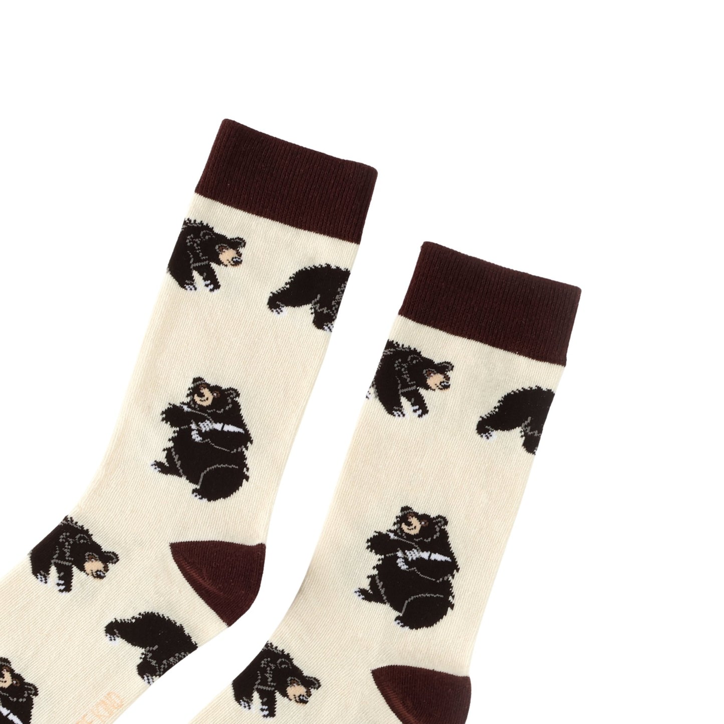 Pair of socks with bear pattern on a white background
