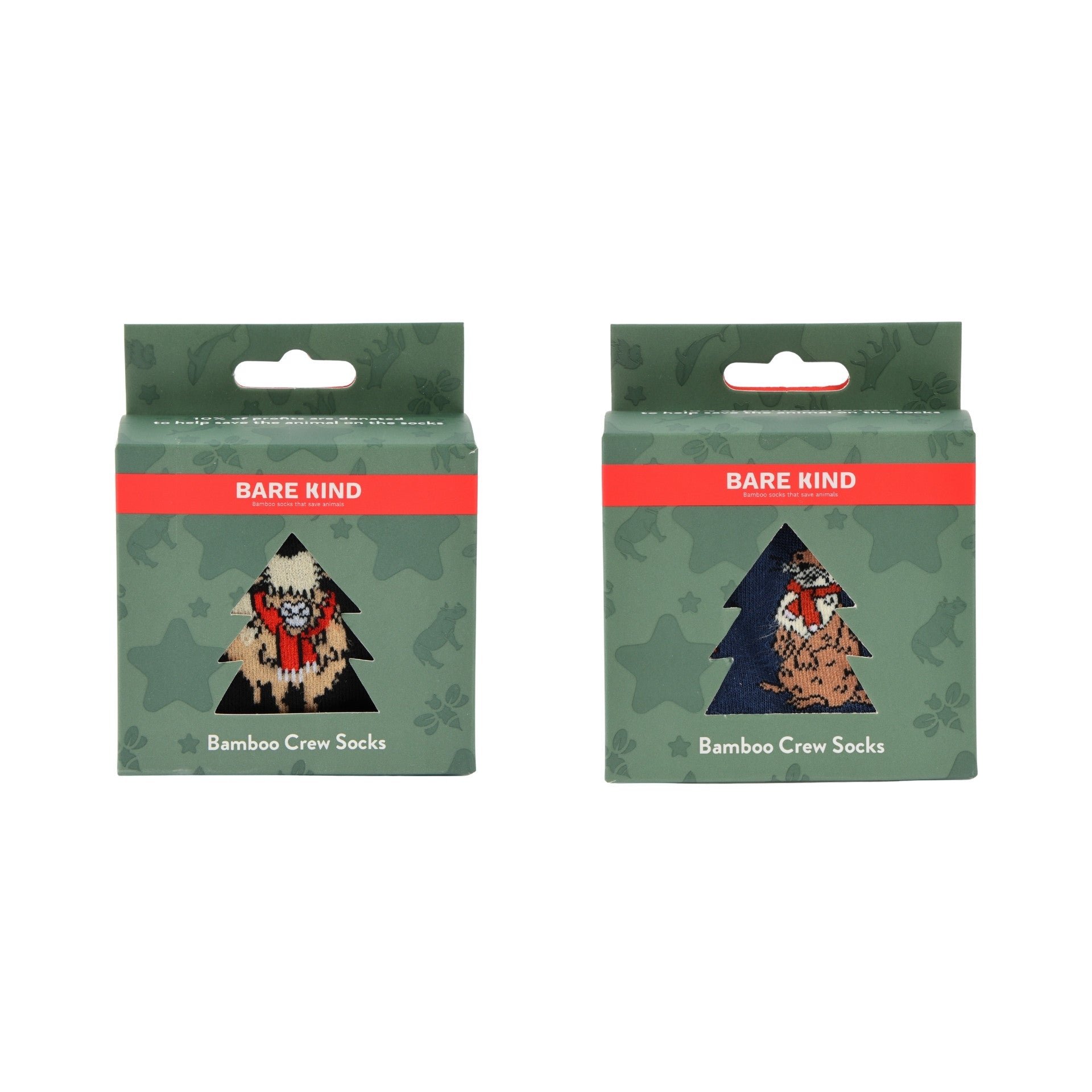 Two packages of Bare Kind Bamboo Crew Socks shown side by side on a plain white background. The packaging is dark green camouflage with a red band and an illustration of a person in a winter outfit.