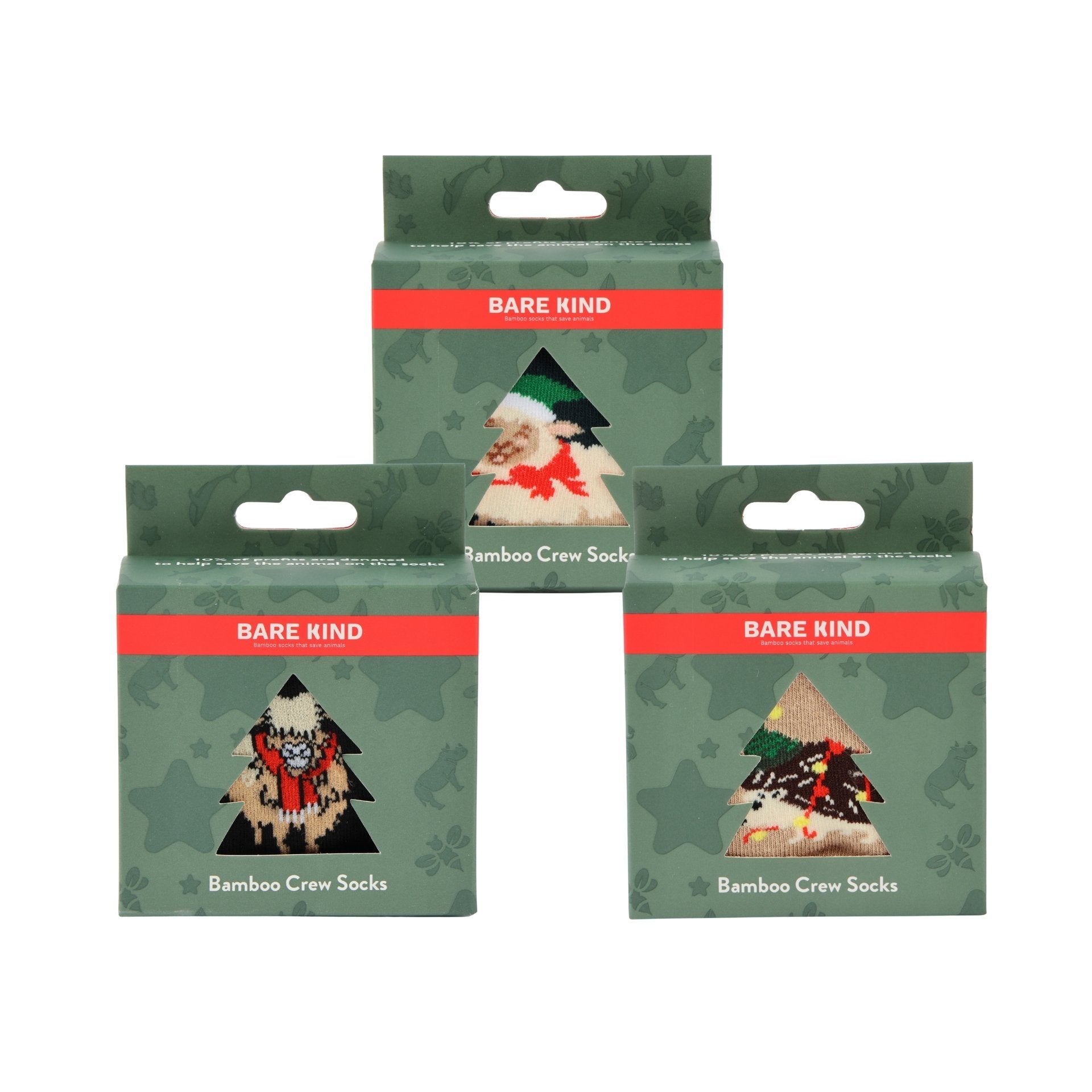Three packages of Bare Kind Bamboo Crew Socks arranged in a pyramid on a plain white background. The packaging features a dark green camouflage pattern with a red band containing the white text 'BARE KIND'.