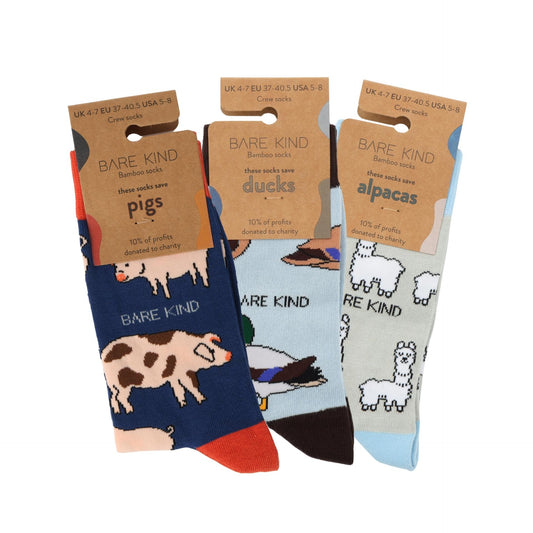 flat lays of Pig, Ducks & Alpacas bamboo socks