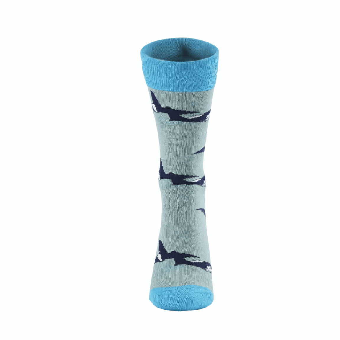 Gray socks with orca pattern and blue toes and cuffs on a white background