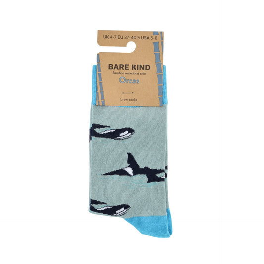 Sock with orca design and 'Bare Kind' packaging on a white background